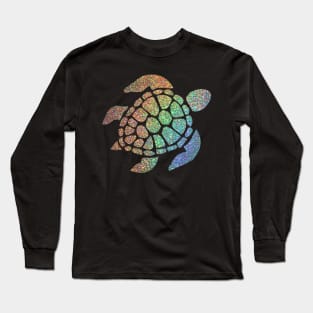 Holographic Rainbow Ombre Faux Glitter Turtle Long Sleeve T-Shirt